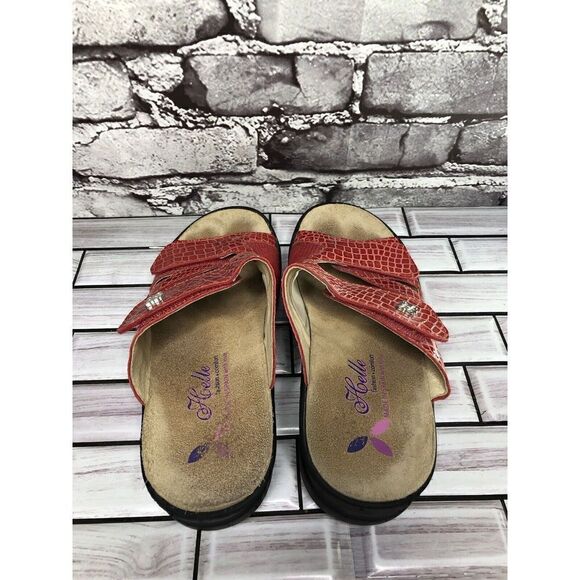 Helle Comfort Red Leather Croc Print Strap Wedge Sandals Women’s Sz 38EU/7.5M US - Picture 9 of 16